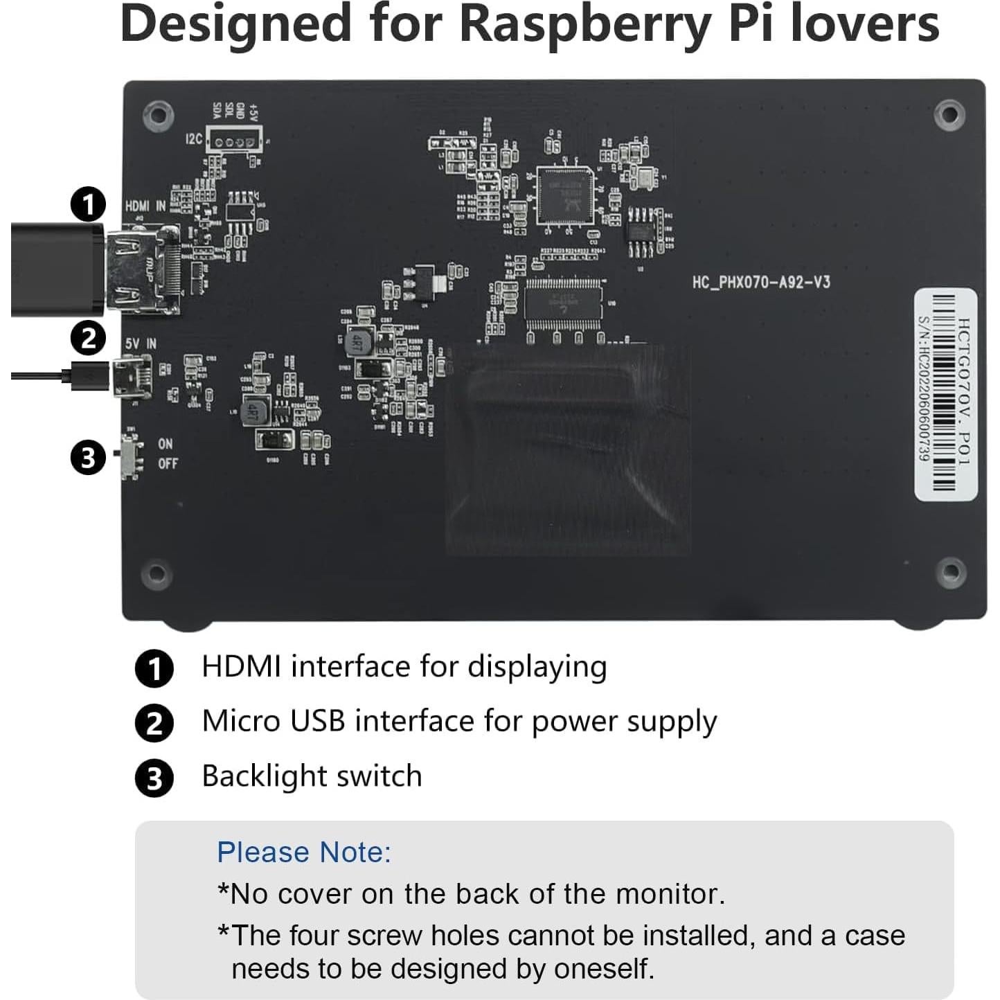 Monitor Portátil HDMI 7" HMTECH para Raspberry Pi 4/3/2/1