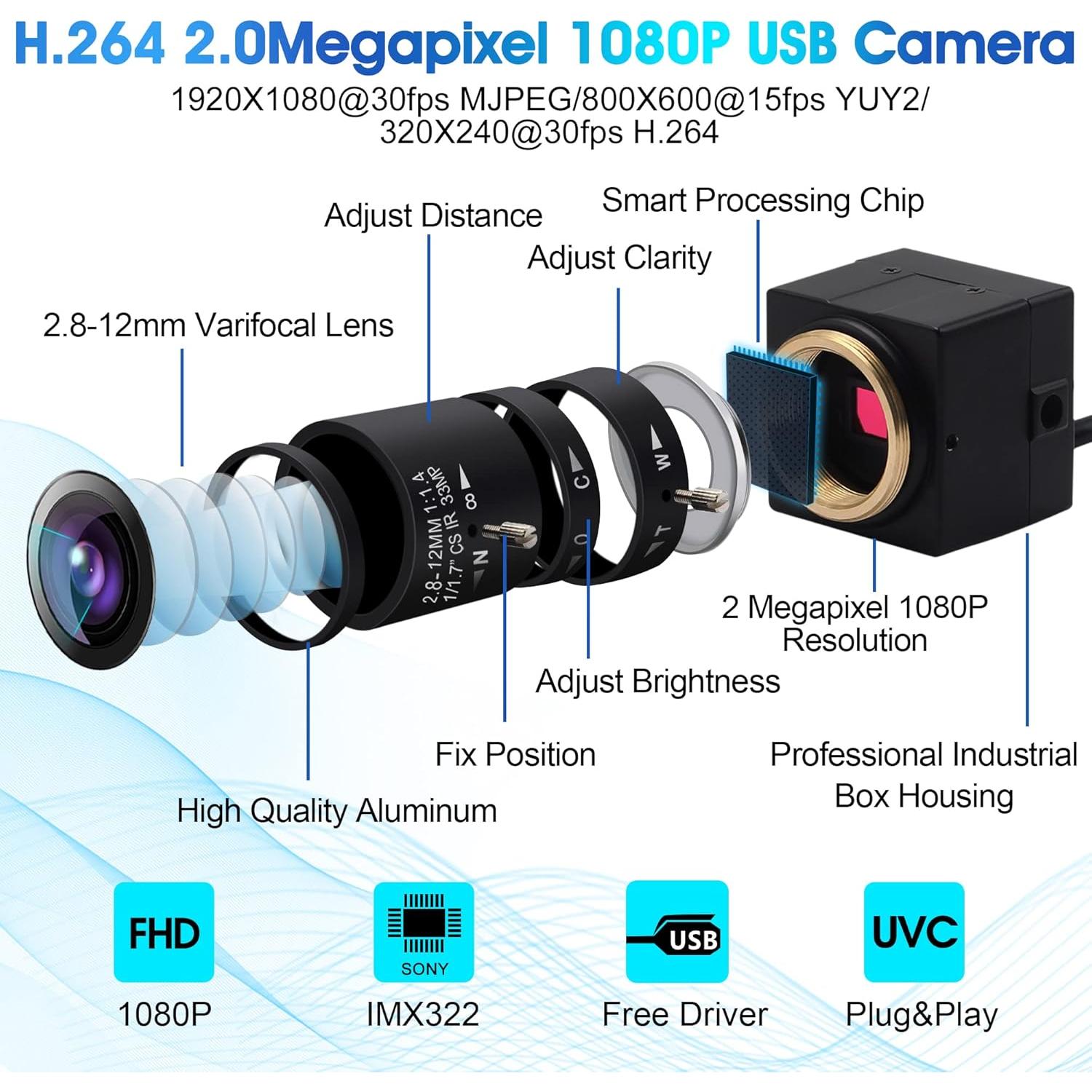 Cámara USB 2MP IFWATER Varifocal 2.8-12mm 1080P HD