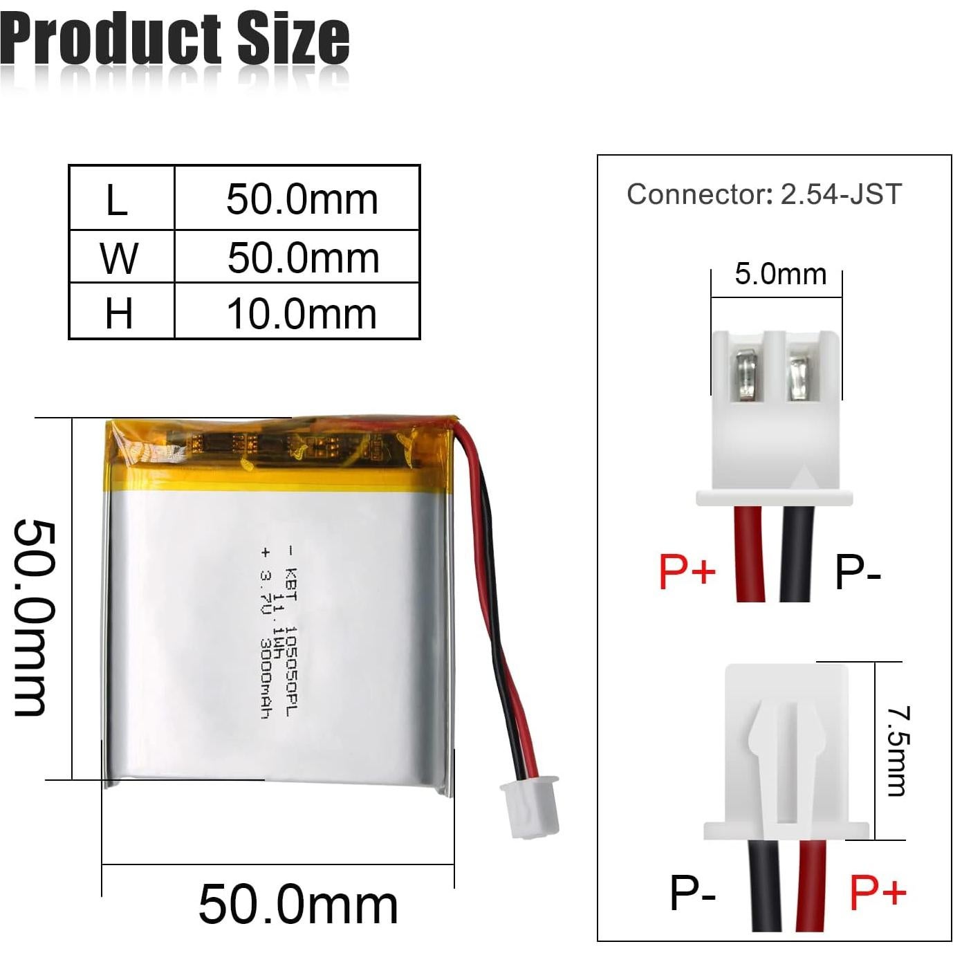 Batería de polímero de litio KBT 3.7V 3000mAh 105050PL