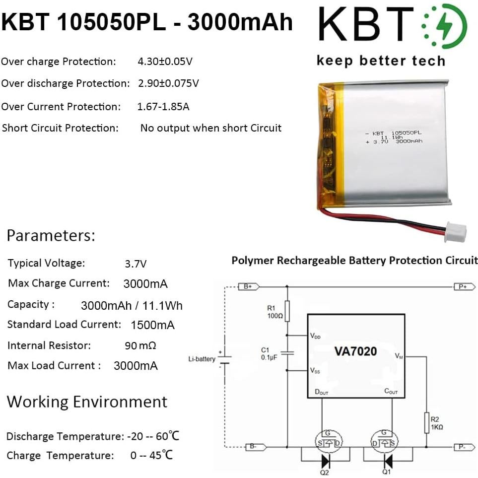 Batería de polímero de litio KBT 3.7V 3000mAh 105050PL