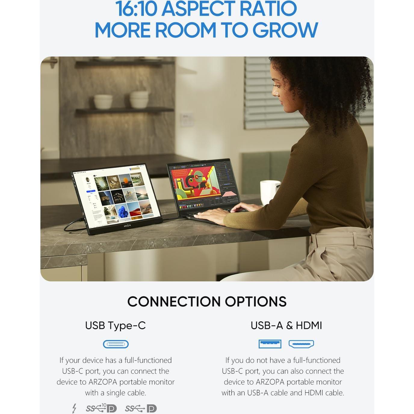 Monitor Portátil ARZOPA 16" 2.5K QHD IPS USB-C HDMI