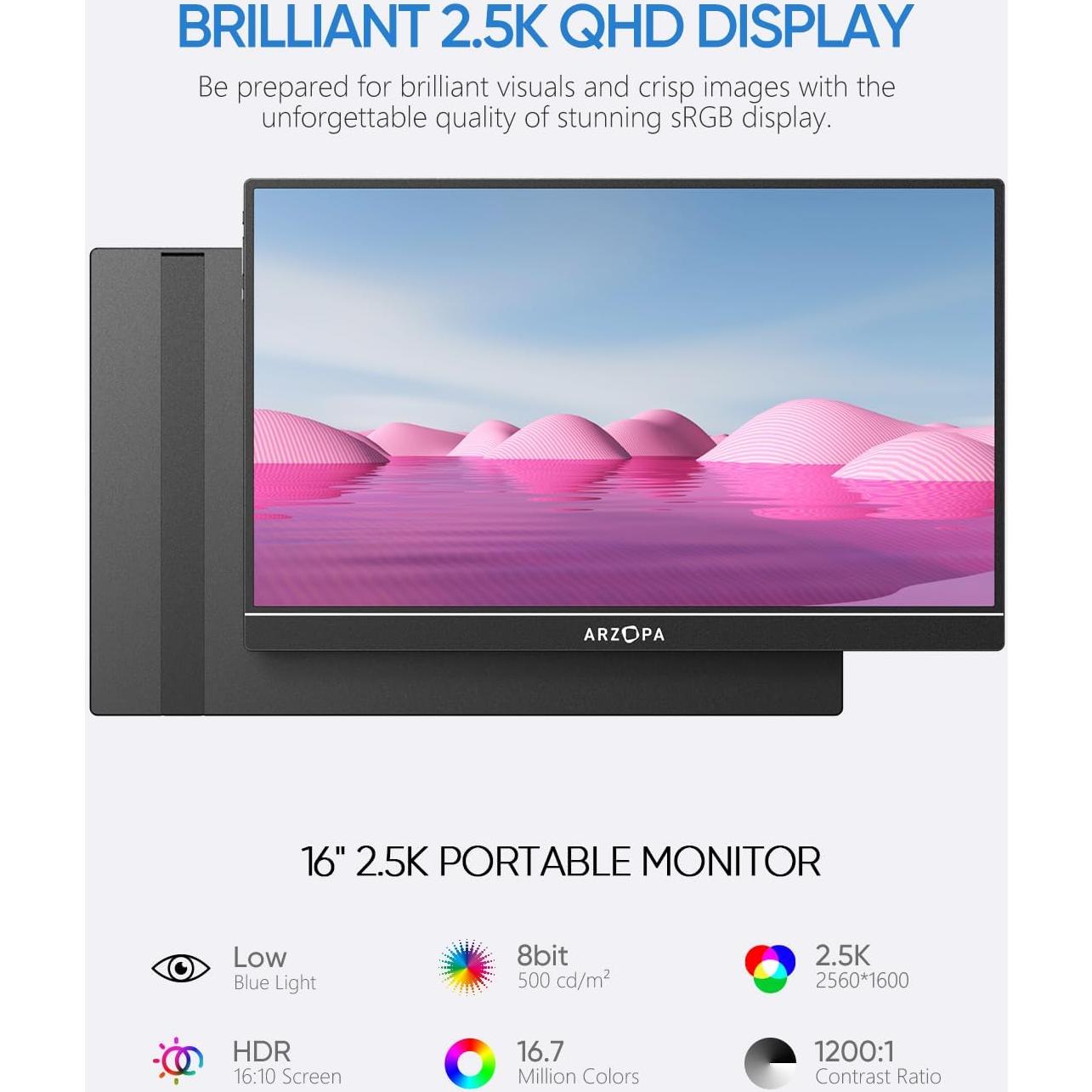 Monitor Portátil ARZOPA 16" 2.5K QHD IPS USB-C HDMI