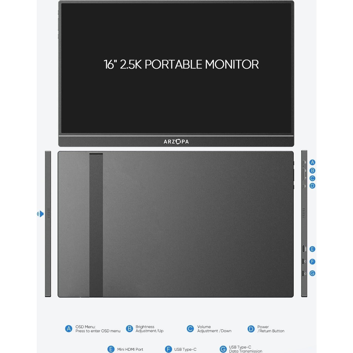 Monitor Portátil ARZOPA 16" 2.5K QHD IPS USB-C HDMI
