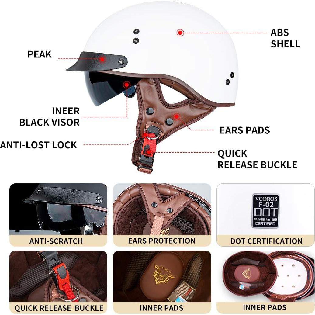 Casco de Motocicleta VCOROS F-07 Blanco XL con Visera Solar