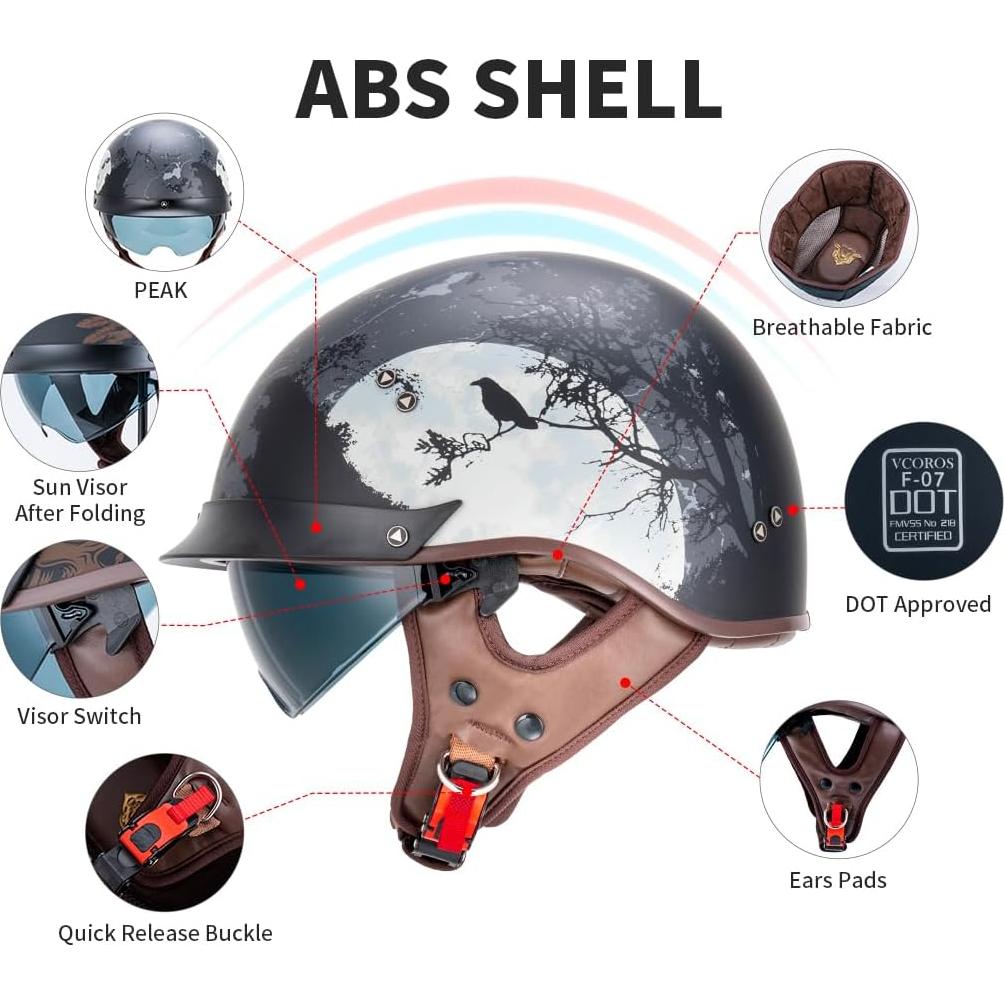 Casco de motocicleta VCOROS F-02 media cara con visera solar XL