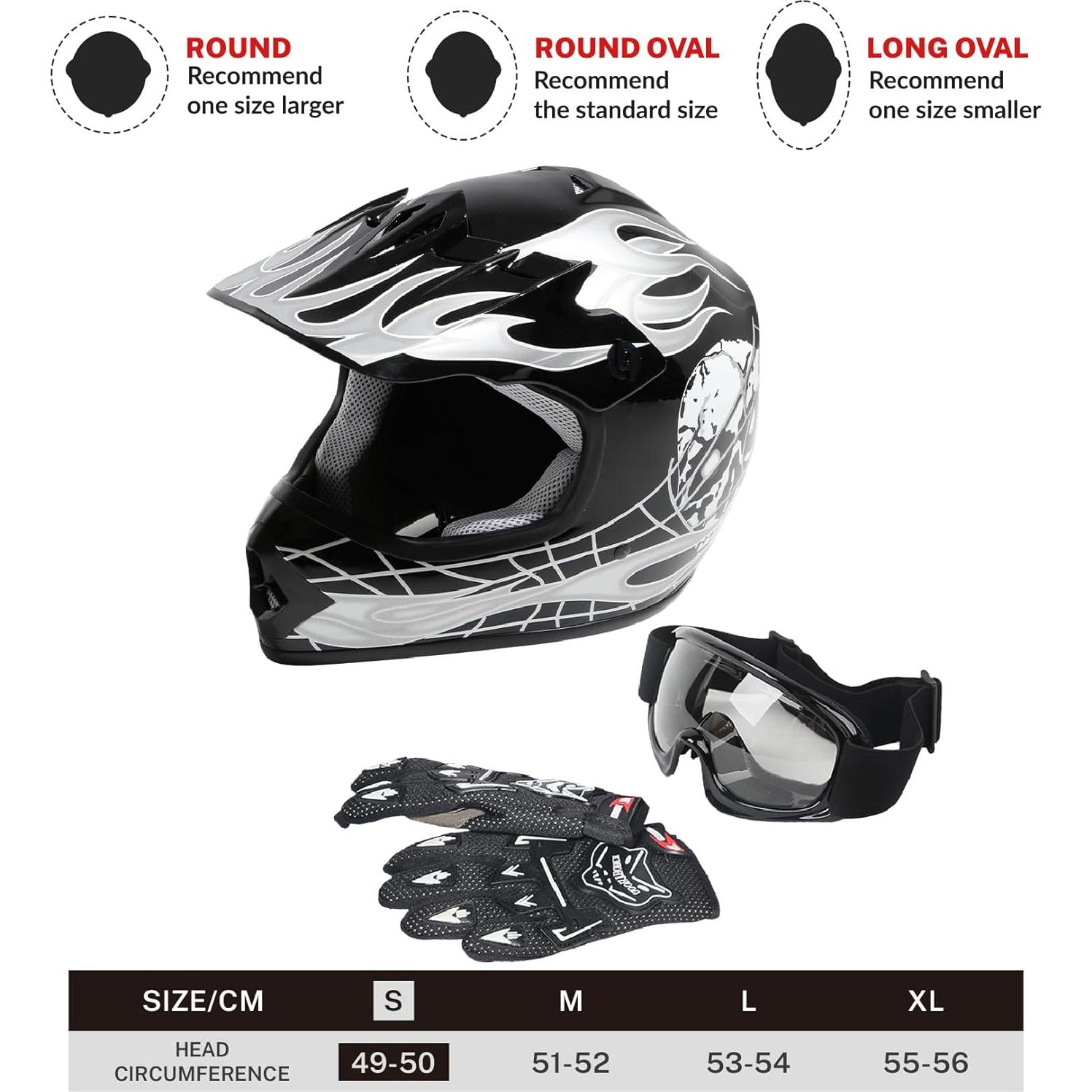 Casco de Motocross TCT-MOTORPARTS Niños Skull Negro + Guantes + Gafas