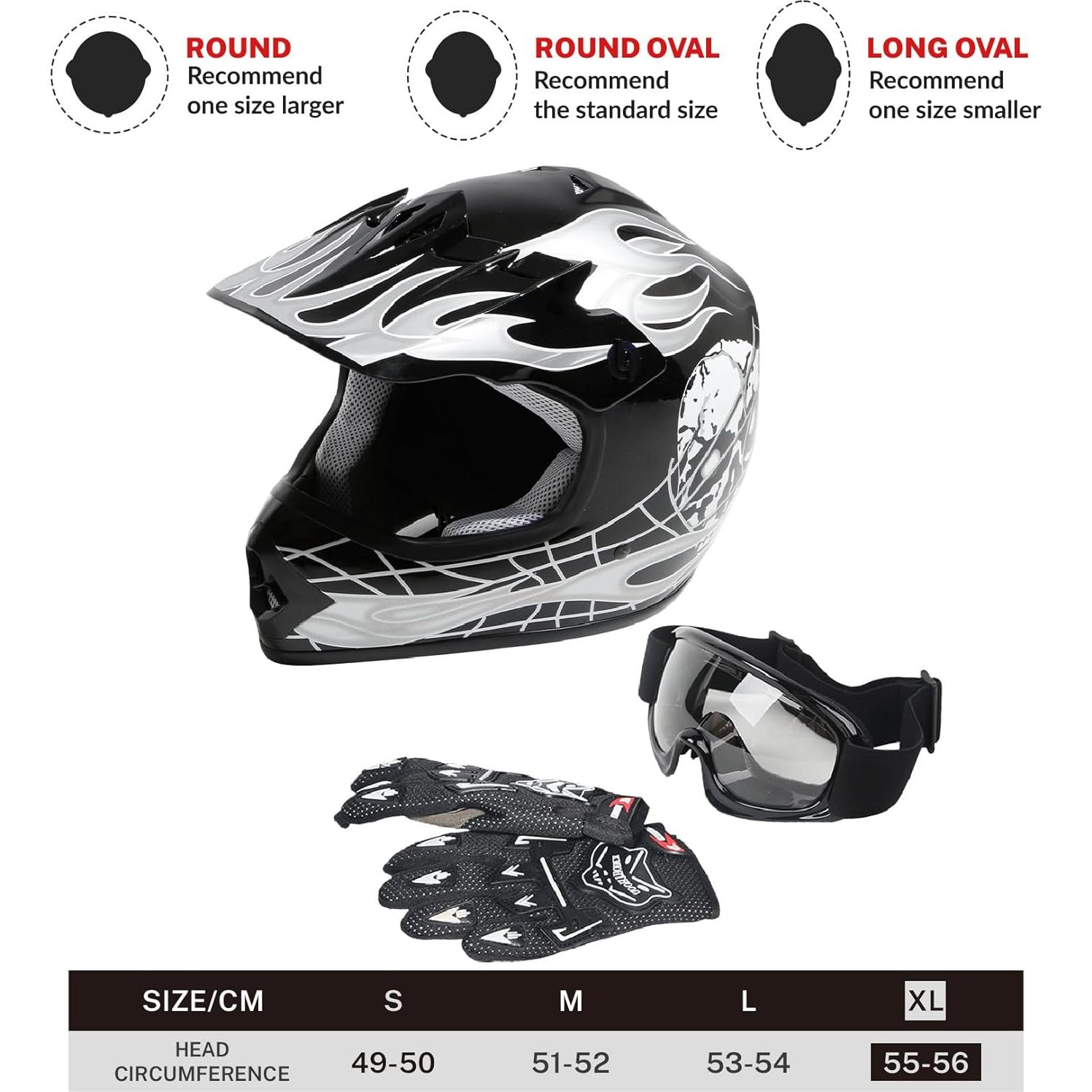 Casco TCT-MOTORPARTS Negro Calavera Niños X-Large + Guantes + Gafas