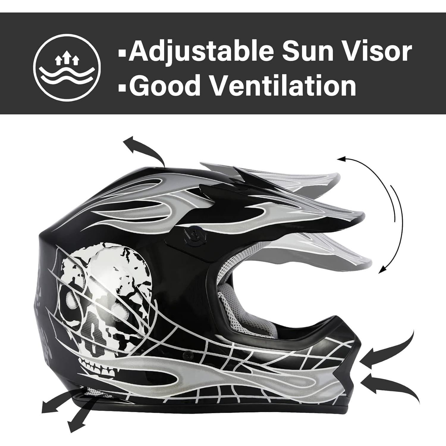 Casco TCT-MOTORPARTS Negro Calavera Niños X-Large + Guantes + Gafas