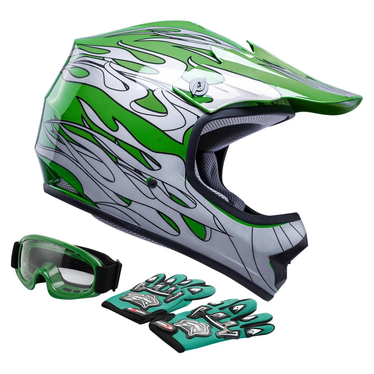 Casco TCT-MOTORPARTS Llama Verde para Niños + Guantes + Gafas