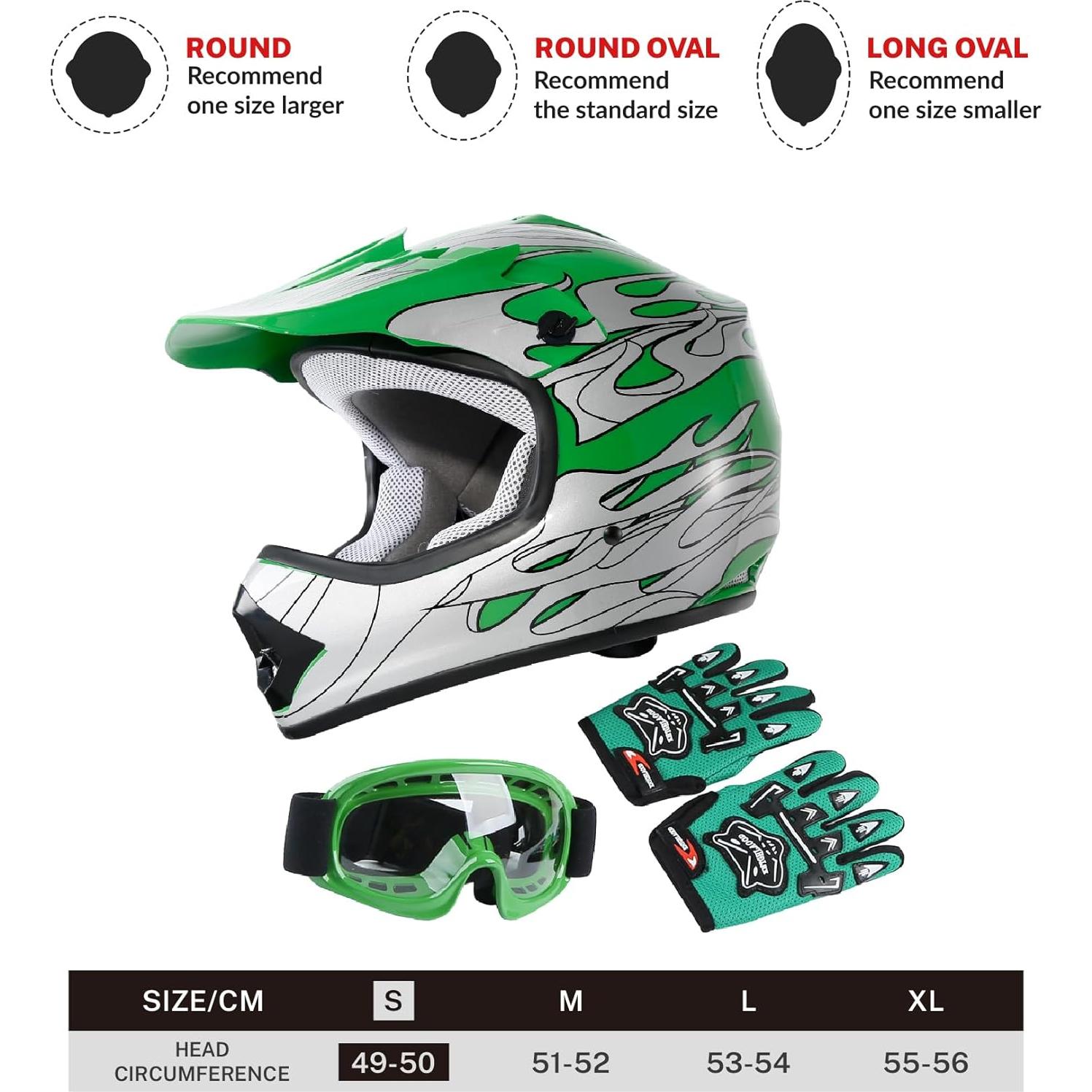 Casco TCT-MOTORPARTS Llama Verde para Niños + Guantes + Gafas