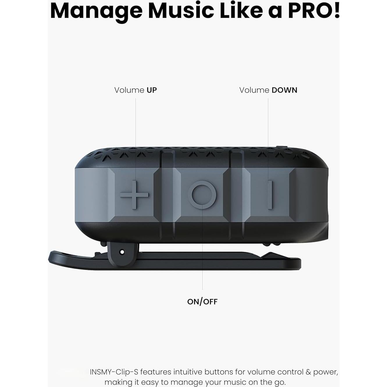 INSMY Wearable Bluetooth Speakers,IP67 Waterproof,Clip-On Portable Small Personal Speaker/Clean Sound/Stereo Pair/Wireless 5.4/ENC Built-in Mic/Lightweight for Outdoor Golf Work Pool (Black)