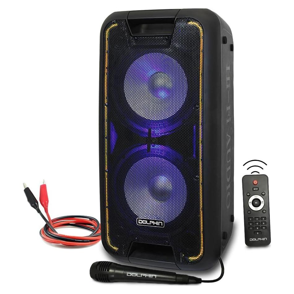 Dolphin Bluetooth Party Speaker, Neon LED Lights, High Power, X-Bass, Long-Lasting Battery, Trolley & Wheels, Portable Sound System