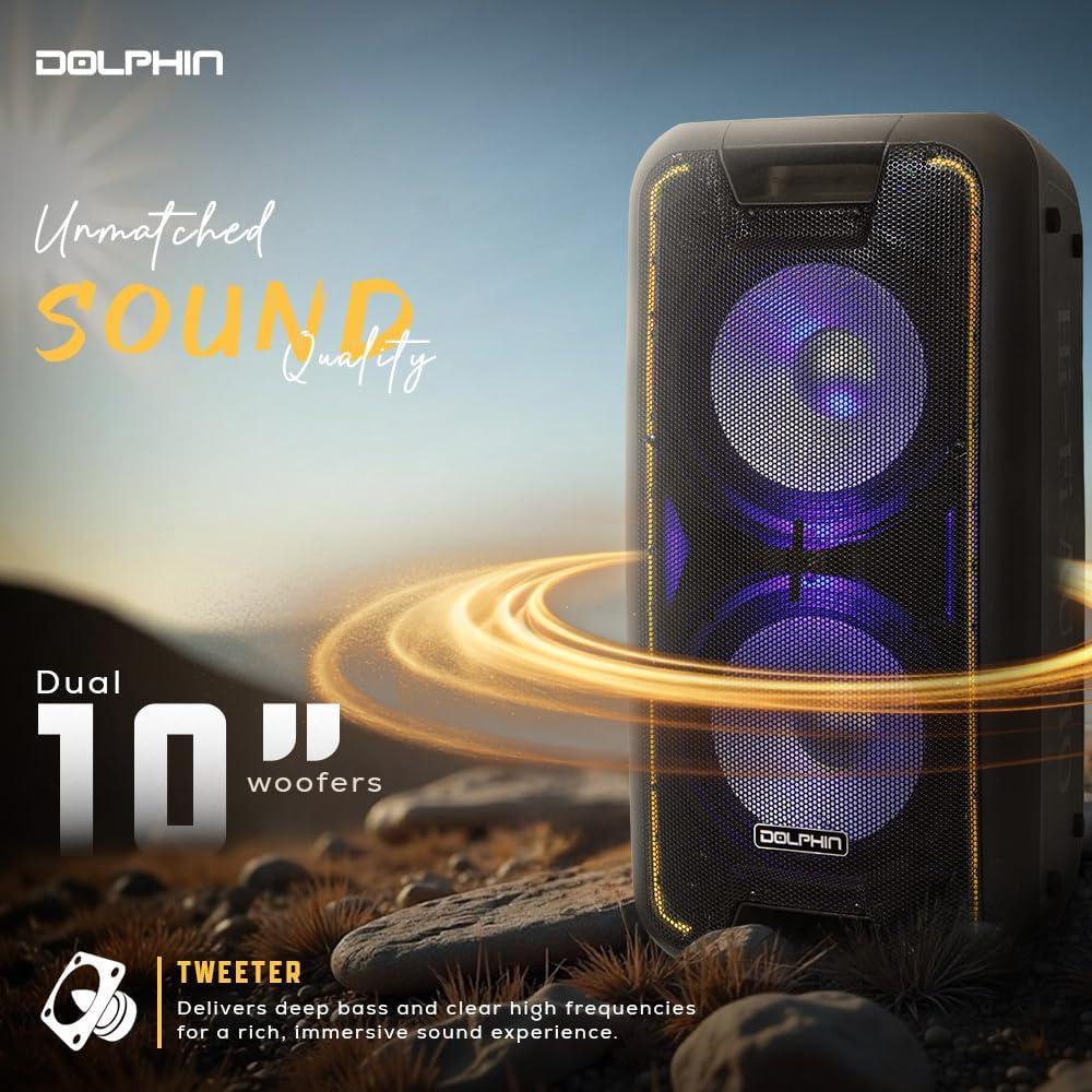 Dolphin Bluetooth Party Speaker, Neon LED Lights, High Power, X-Bass, Long-Lasting Battery, Trolley & Wheels, Portable Sound System