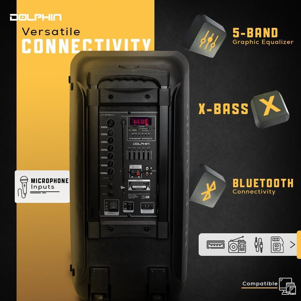 Dolphin Bluetooth Party Speaker, Neon LED Lights, High Power, X-Bass, Long-Lasting Battery, Trolley & Wheels, Portable Sound System