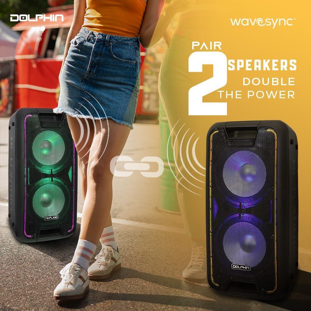 Dolphin Bluetooth Party Speaker, Neon LED Lights, High Power, X-Bass, Long-Lasting Battery, Trolley & Wheels, Portable Sound System