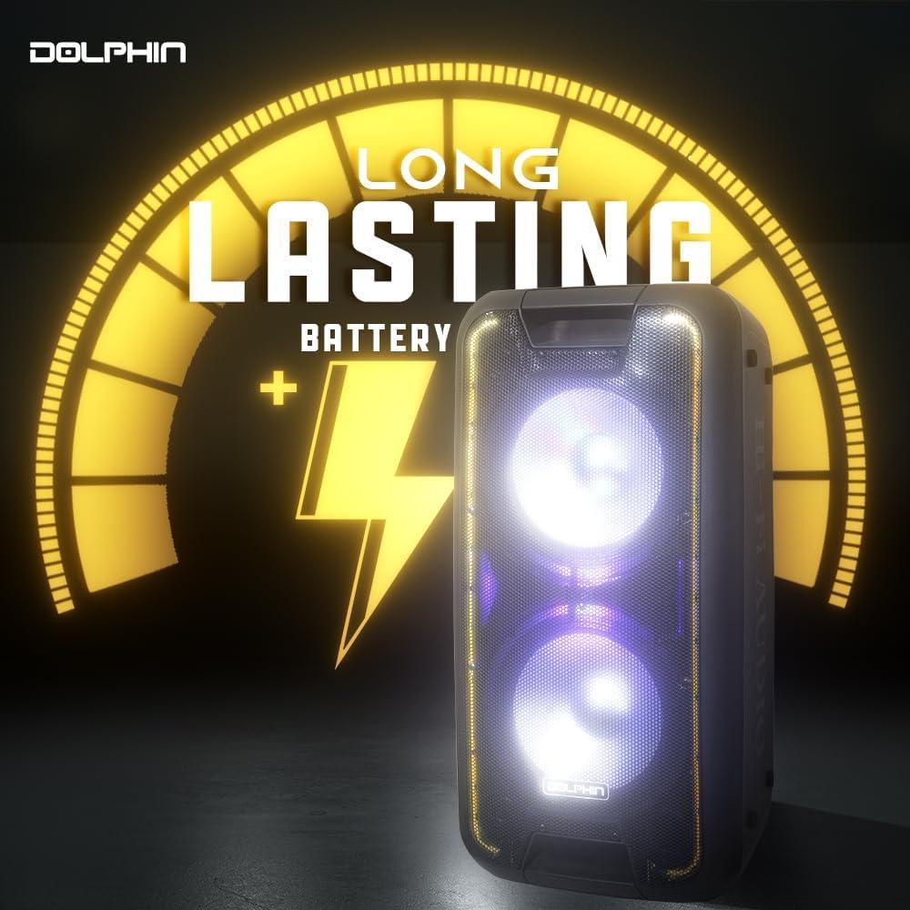 Dolphin Bluetooth Party Speaker, Neon LED Lights, High Power, X-Bass, Long-Lasting Battery, Trolley & Wheels, Portable Sound System