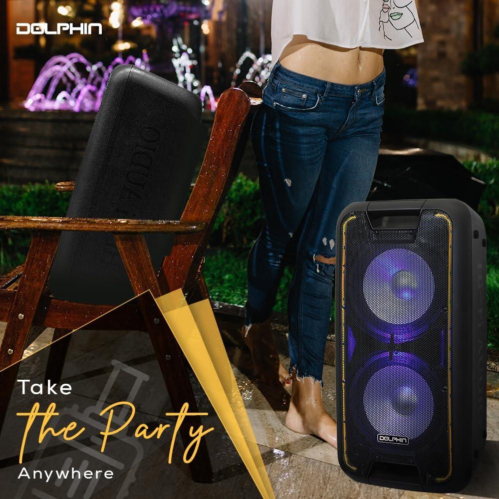 Dolphin Bluetooth Party Speaker, Neon LED Lights, High Power, X-Bass, Long-Lasting Battery, Trolley & Wheels, Portable Sound System