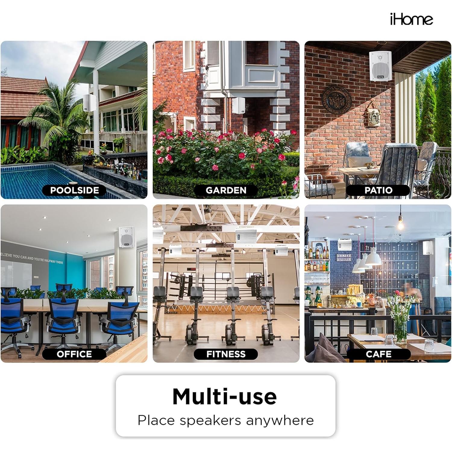 iHome IHSI-W400BT-PR-WHT Bluetooth 4" 100W Weatherproof Speakers, Indoor/Outdoor, Wall/Ceiling Mount, Surround Sound, Pair - Suitable for Home Parties