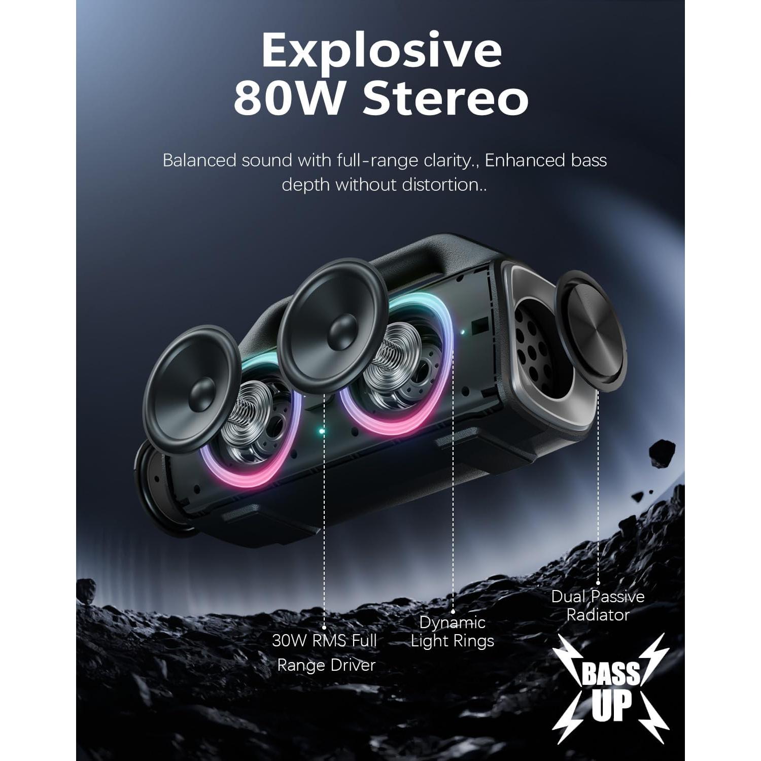 Powerful Portable Bluetooth Speaker with Deep Bass, IP67 Waterproof, TWS Stereo Pairing, Wireless Bluetooth 5.3, Ideal Speakers for Outdoor, Parties, Beach, Camping, and Travel