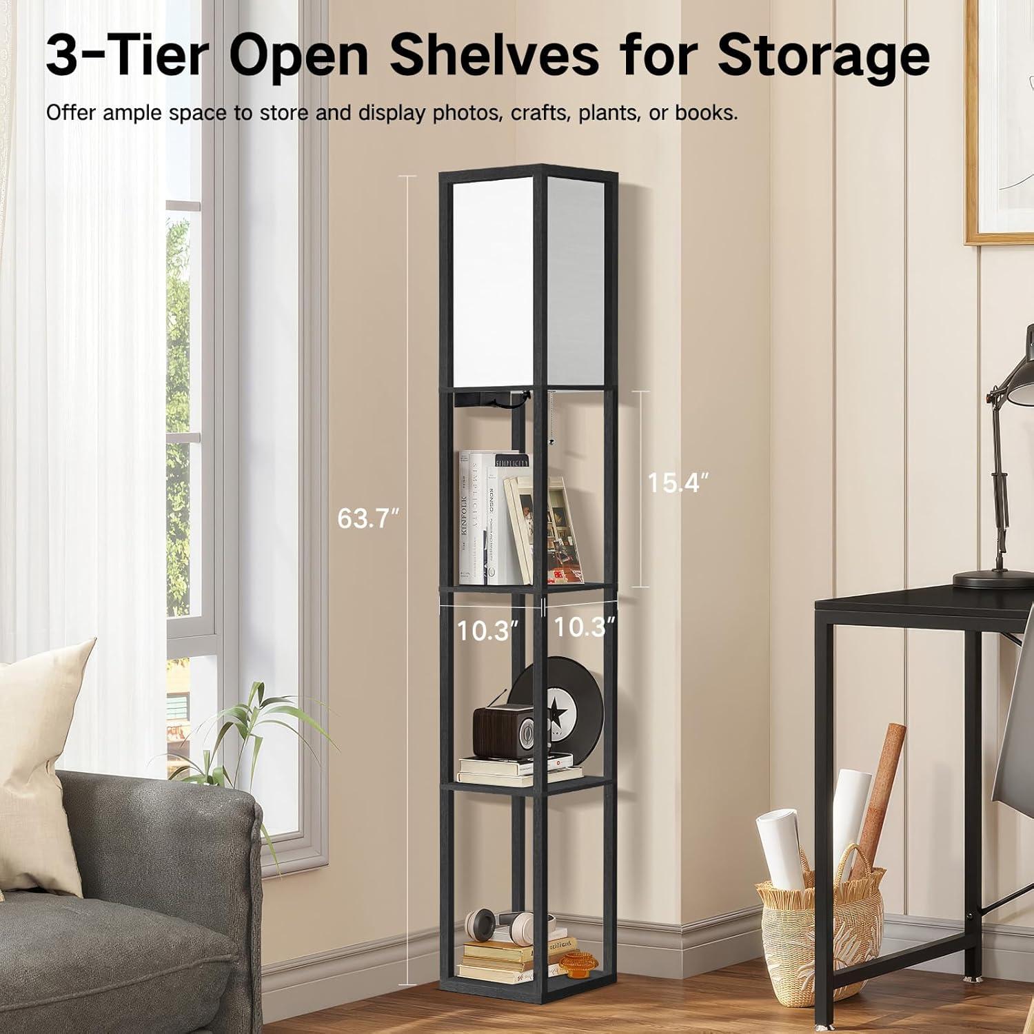 Lámpara de Pie LED OUTON con Estantes y Carga USB, Negra