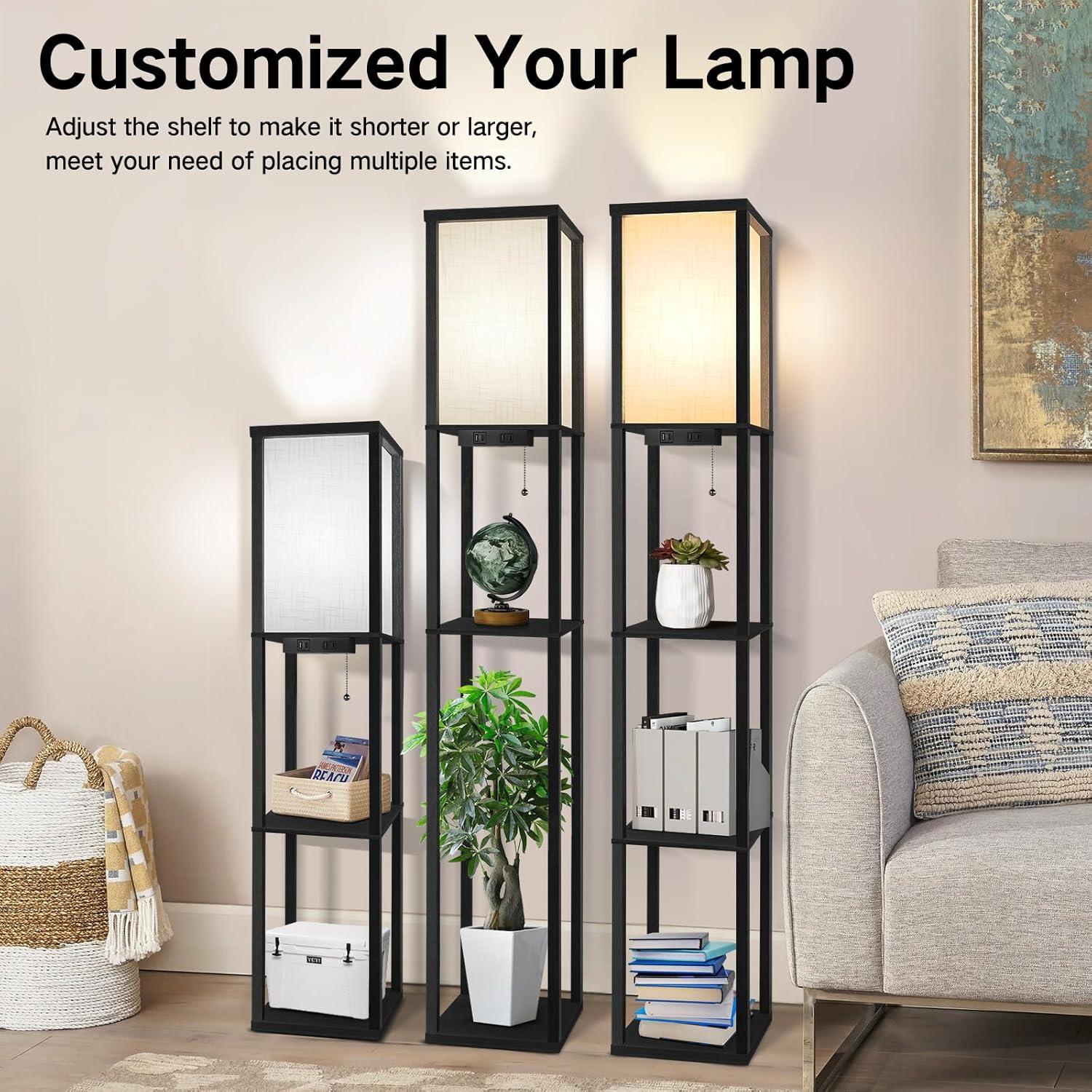 Lámpara de Pie LED OUTON con Estantes y Carga USB, Negra