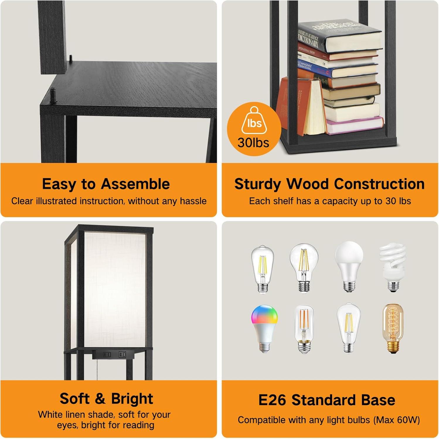 Lámpara de Pie LED OUTON con Estantes y Carga USB, Negra