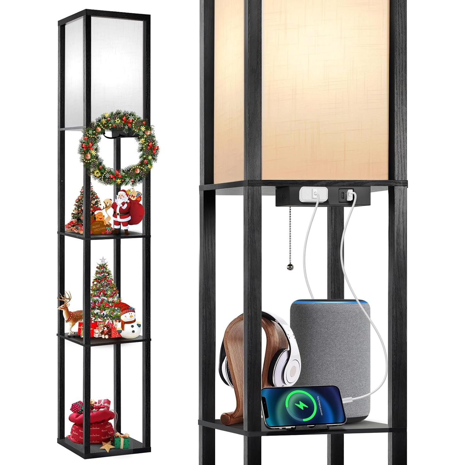 Lámpara de Pie LED OUTON con Estantes y Carga USB, Negra