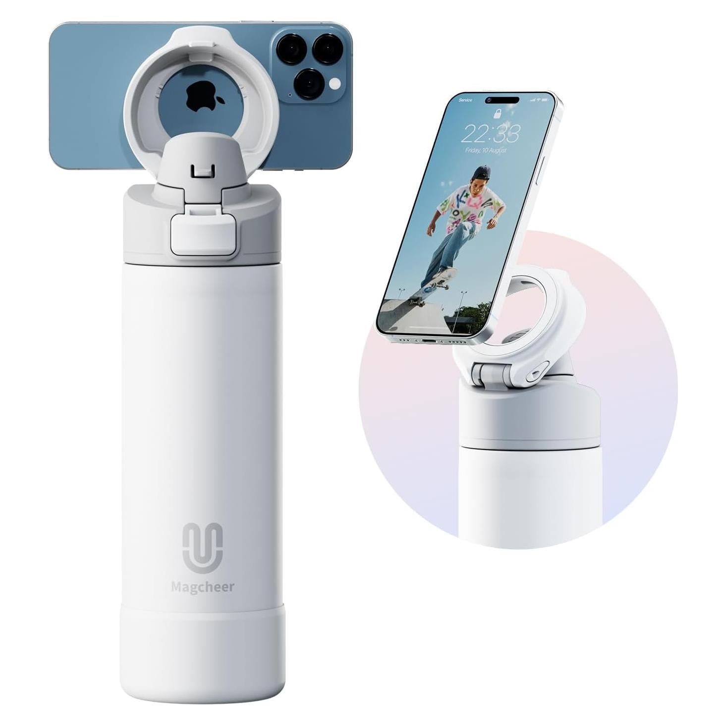 Insulated Magnetic Water Bottle - Reusable Stainless Steel Bottle with MagSafe Compatible Phone Holder - Keeps Cold for 24 Hours - Perfect for Gym, Sports, and Travel - White 24oz