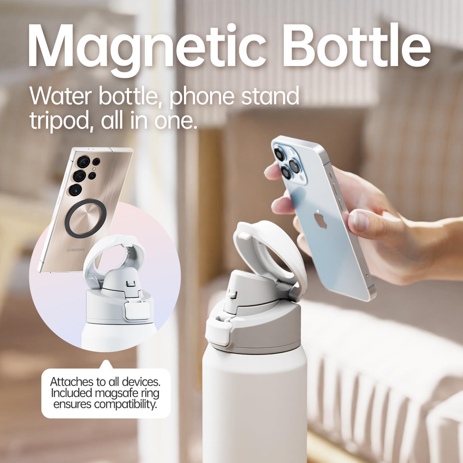 Insulated Magnetic Water Bottle - Reusable Stainless Steel Bottle with MagSafe Compatible Phone Holder - Keeps Cold for 24 Hours - Perfect for Gym, Sports, and Travel - White 24oz