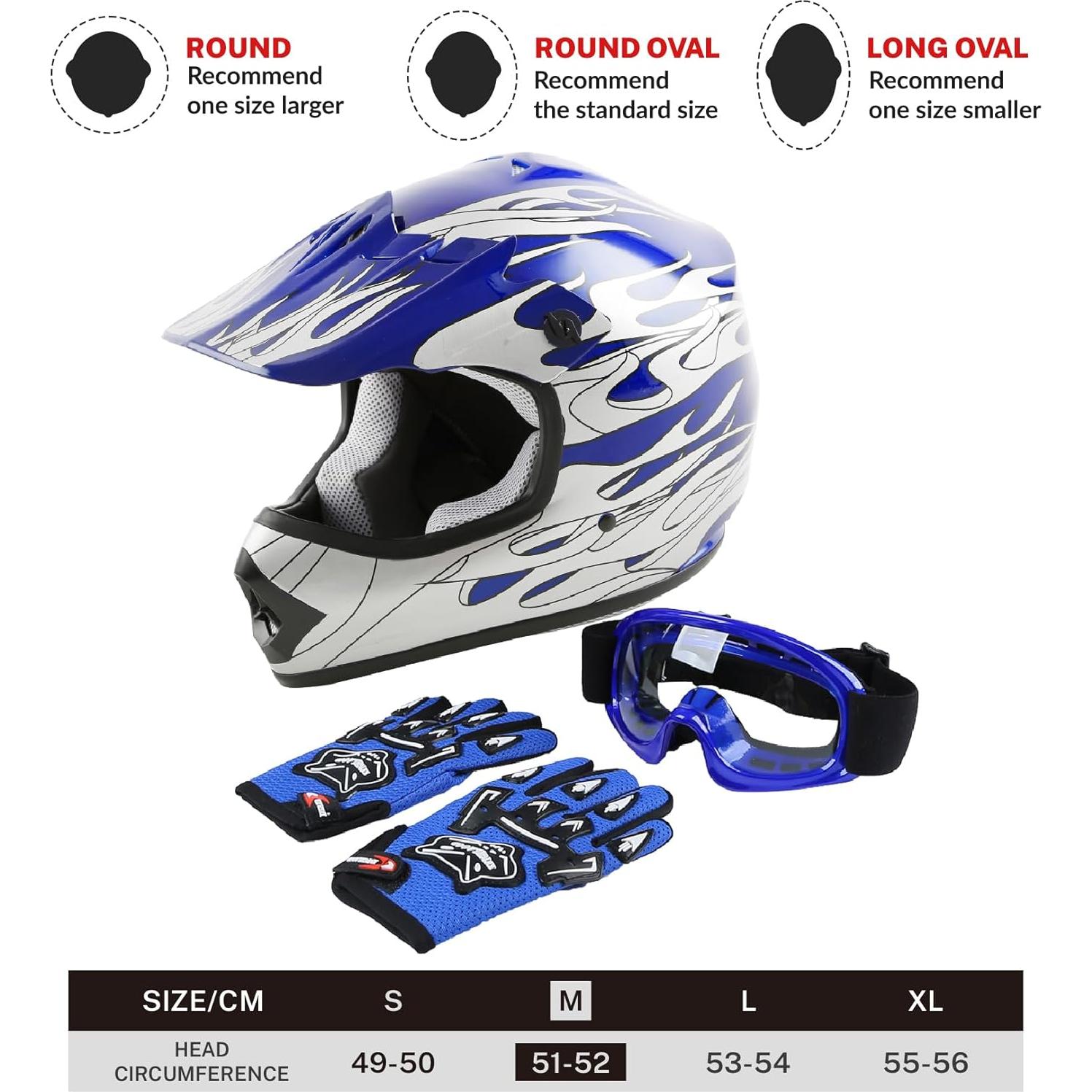 Casco SLMOTO para Niños Motocross Llama Azul + Gafas + Guantes
