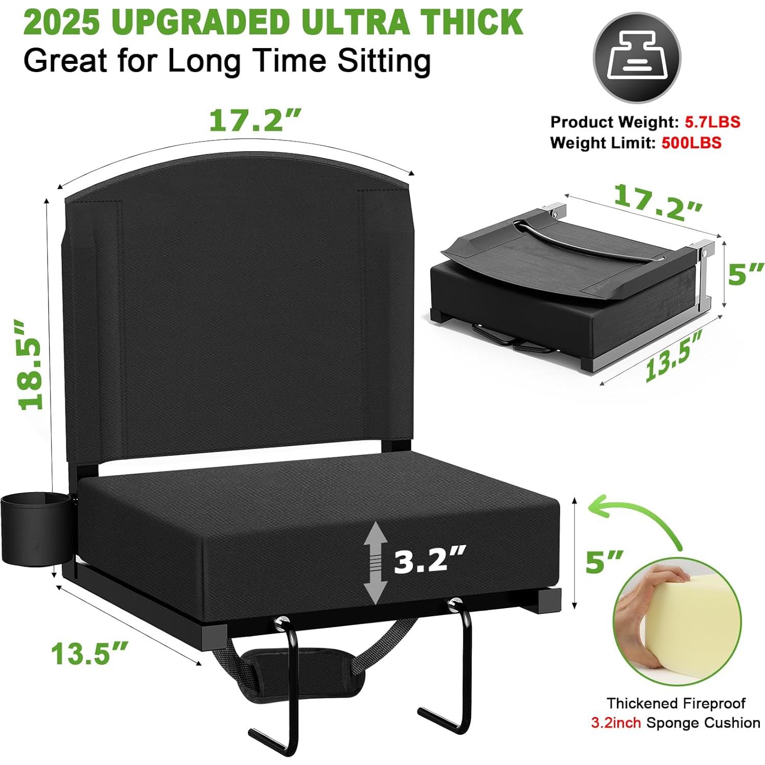 Stadium Seats with Back Support, Portable Bleacher Seat for Bleachers Hold up 400lbs, Wide Bleacher Seat with Shoulder Strap & Handle Perfect for Sports Events (Black, 1pcs)