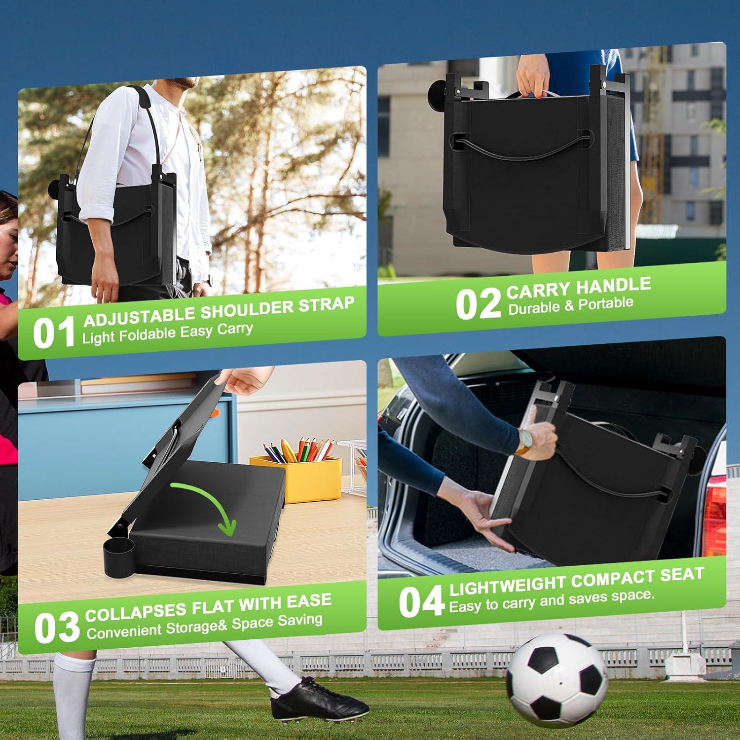 Stadium Seats with Back Support, Portable Bleacher Seat for Bleachers Hold up 400lbs, Wide Bleacher Seat with Shoulder Strap & Handle Perfect for Sports Events (Black, 1pcs)