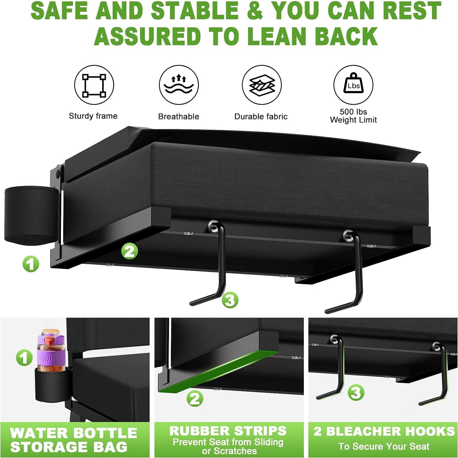 Stadium Seats with Back Support, Portable Bleacher Seat for Bleachers Hold up 400lbs, Wide Bleacher Seat with Shoulder Strap & Handle Perfect for Sports Events (Black, 1pcs)