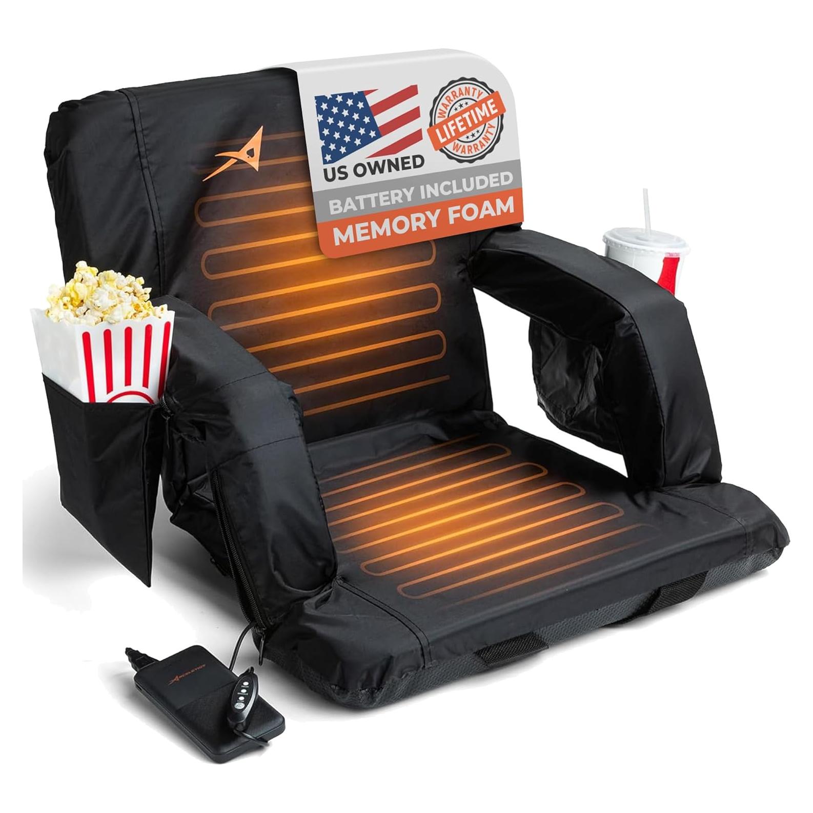 Aceletiqs Double Heated Stadium Bleacher Seat, 20-Inch Wide, Foam, Foldable, Cup Holders, Arm Rest, Reclining, Adjustable Backrest