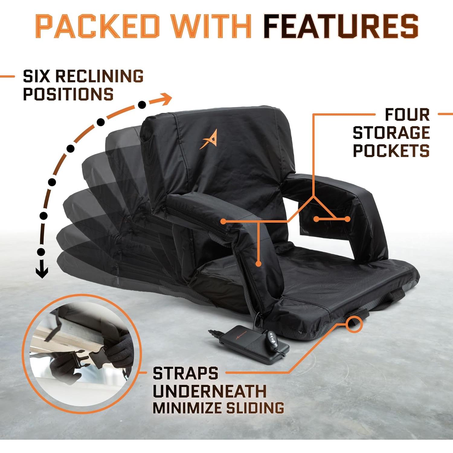 Aceletiqs Double Heated Stadium Bleacher Seat, 20-Inch Wide, Foam, Foldable, Cup Holders, Arm Rest, Reclining, Adjustable Backrest