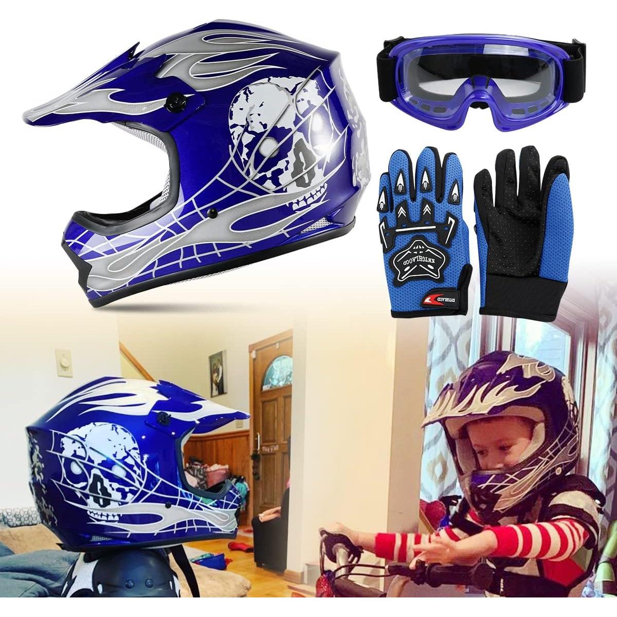 Casco SLMOTO para Niños Mediano Calavera Azul + Gafas + Guantes