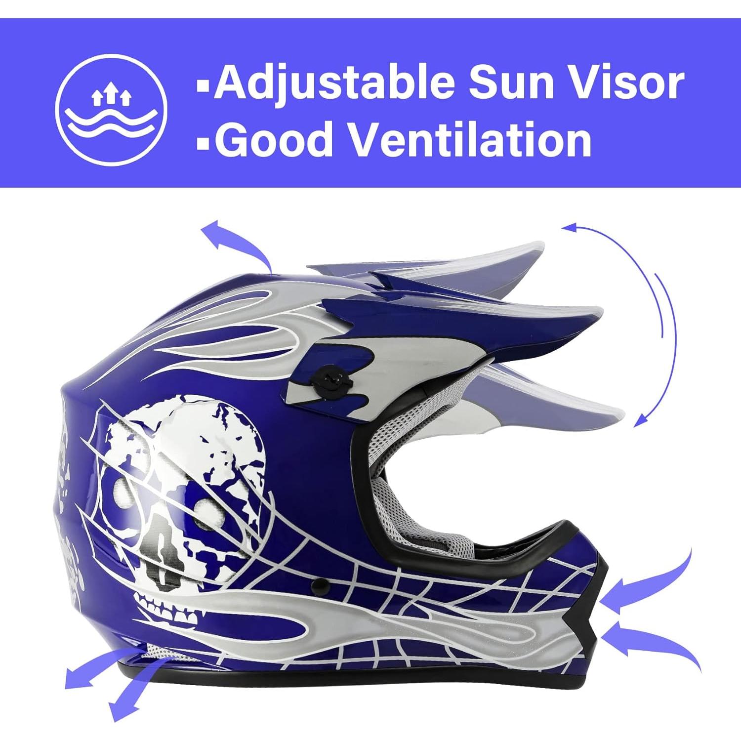 Casco SLMOTO para Niños Mediano Calavera Azul + Gafas + Guantes