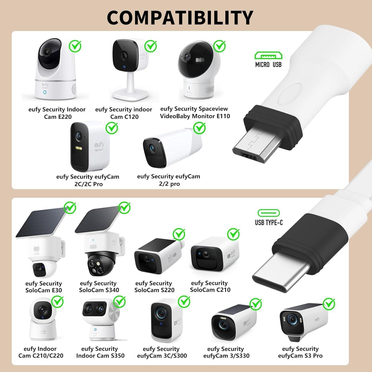 Cable de Alimentación Resistente 7.5m para Eufy Cam - Goldtime