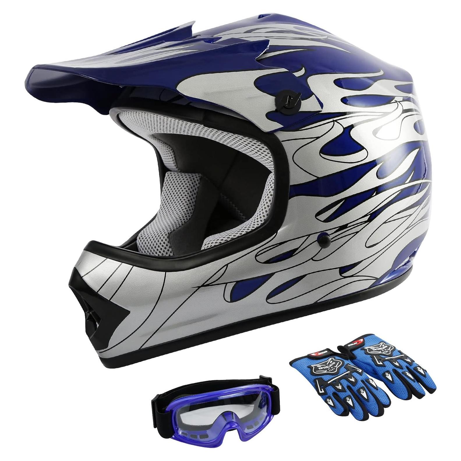 SLMOTO Casco Juvenil X-Grande Llama Azul + Gafas + Guantes