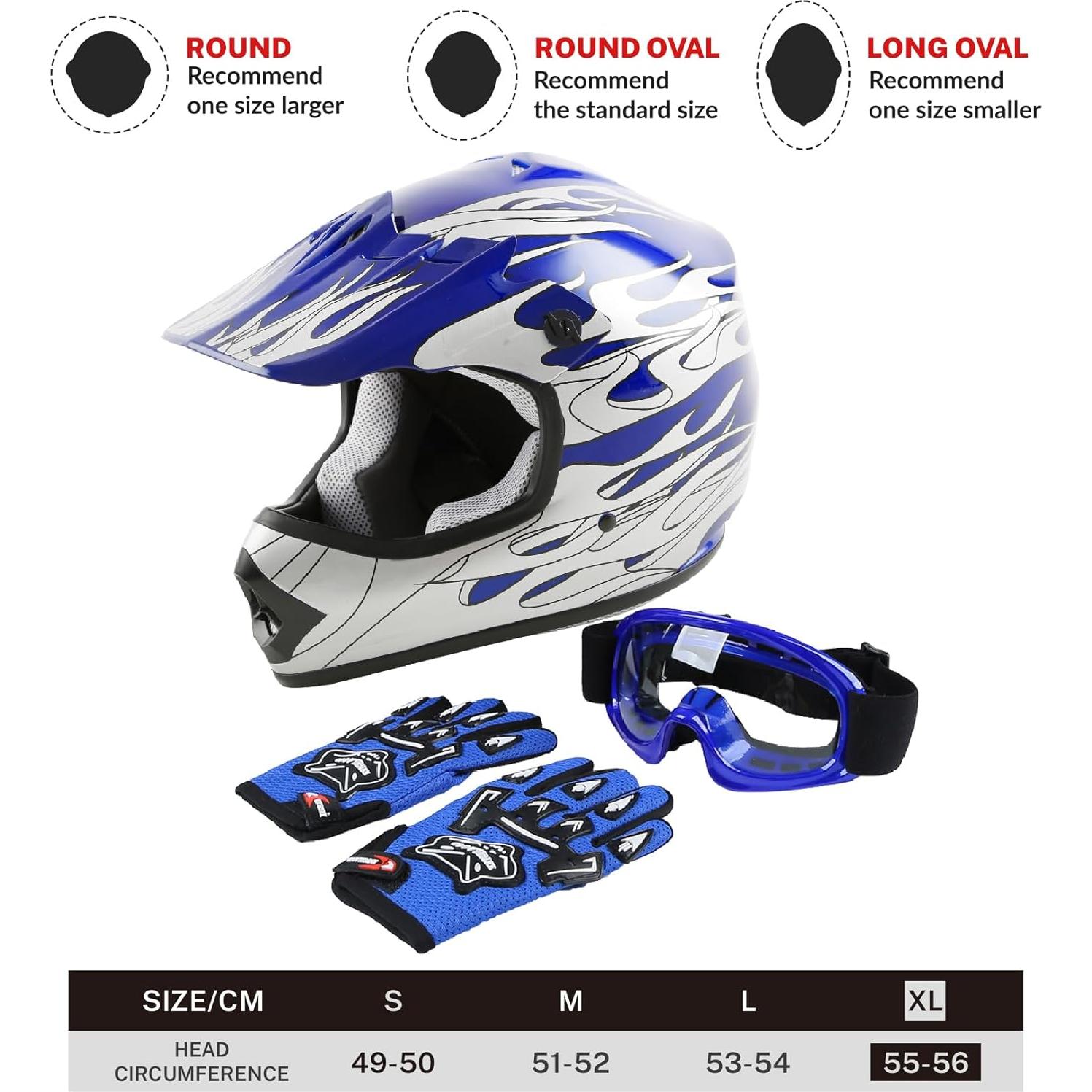 SLMOTO Casco Juvenil X-Grande Llama Azul + Gafas + Guantes