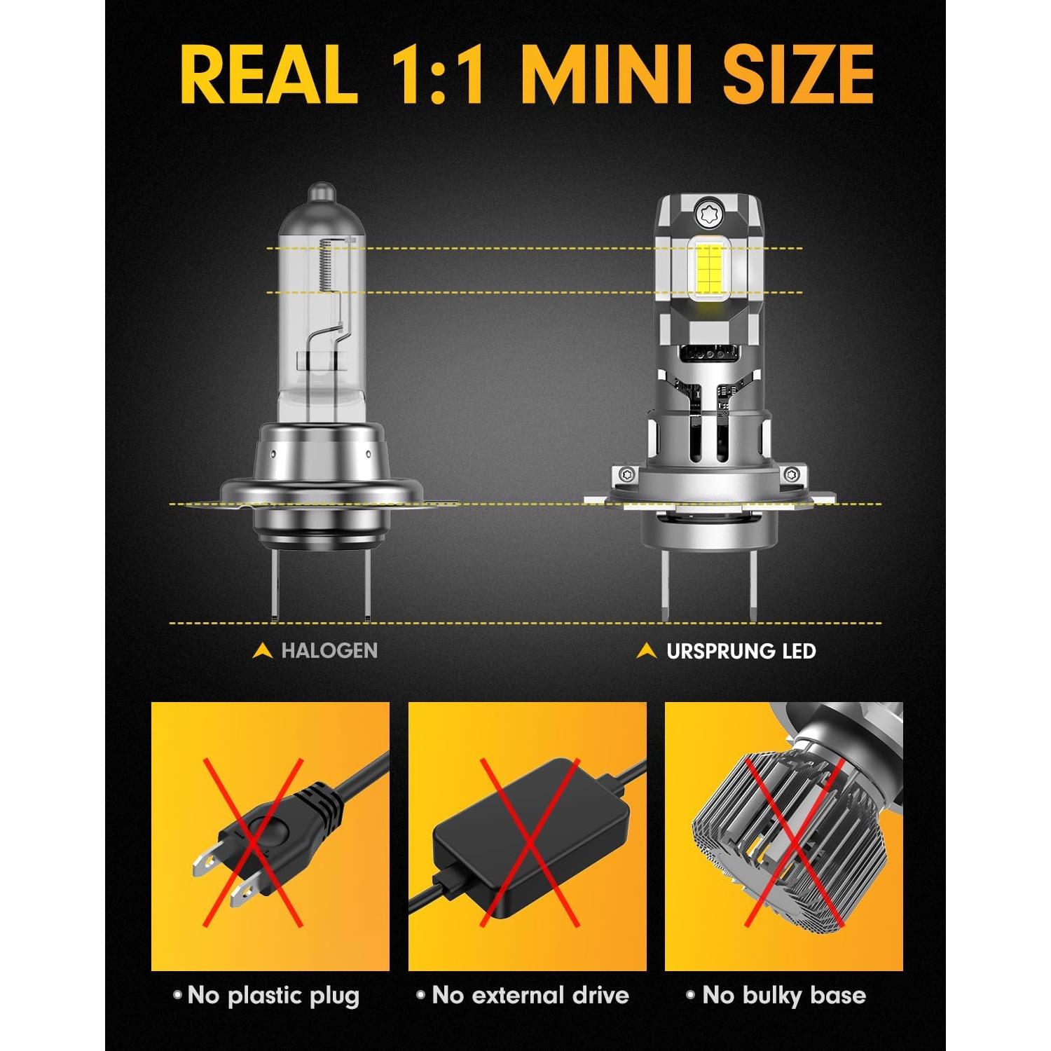 Ursprung H7 Light Bulbs, [2025 Upgraded & Gen2] Super Brighter, 1:1 Mini Size H7 Fog Lights, Truly Plug and Play with Cooling Fan, Pack of 2