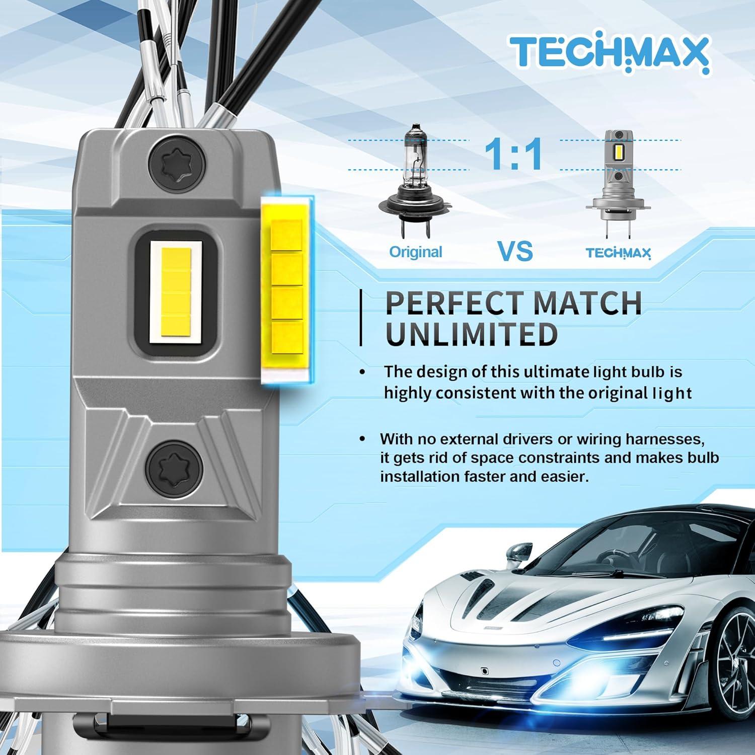 TECHMAX H7 Light Bulb, 6500K Xenon White 600% Extremely Bright No Adapter Required 1:1 Mini Size Fanless H7 Fog Light - Pack of 2