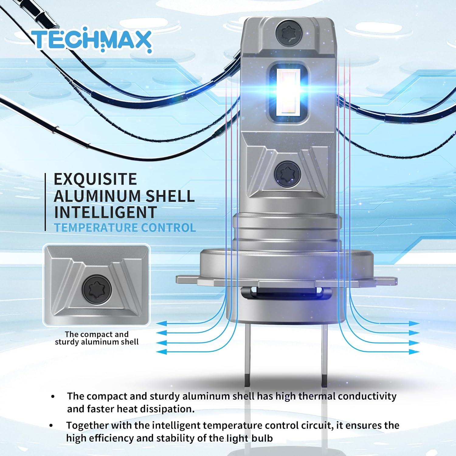 TECHMAX H7 Light Bulb, 6500K Xenon White 600% Extremely Bright No Adapter Required 1:1 Mini Size Fanless H7 Fog Light - Pack of 2