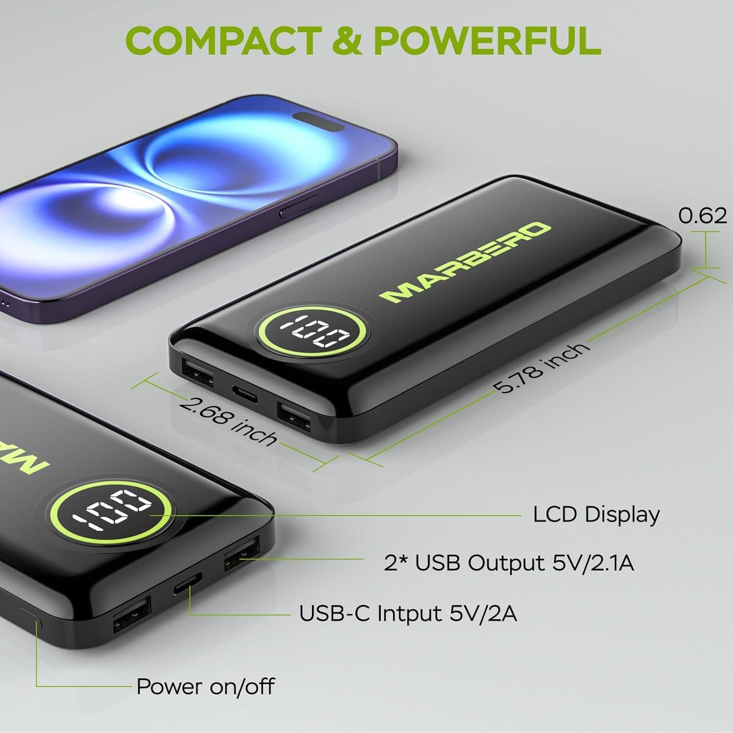 Cargador Portátil MARBERO V18 10000mAh USB-C 5V/2A Negro