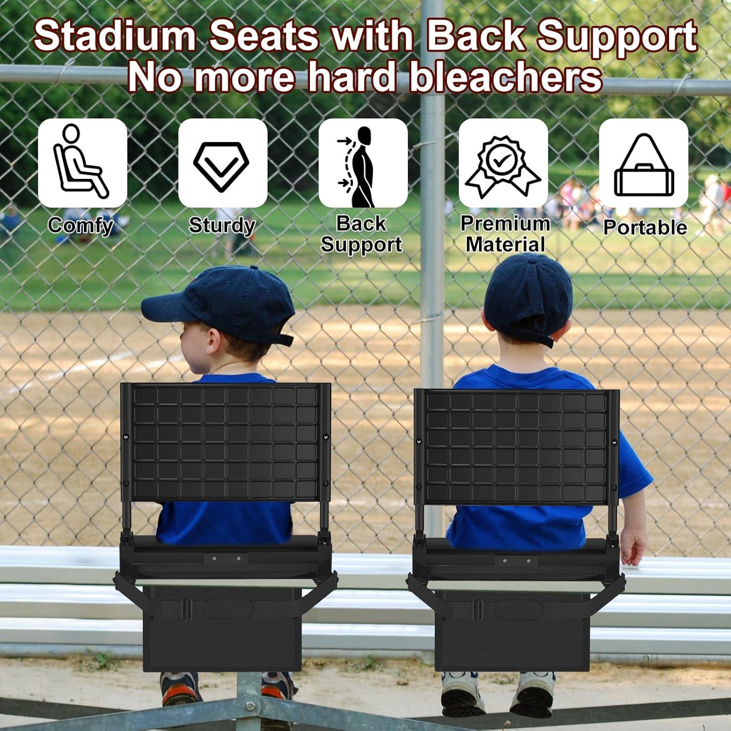 Stadium Seats with Back Support Bleacher Chairs with Back and Cushion, Upgraded Comfy Stadium Chairs for Bleachers with 2 Height Back Support, Foldable Portable Bleacher Seats with Backs and Cushion