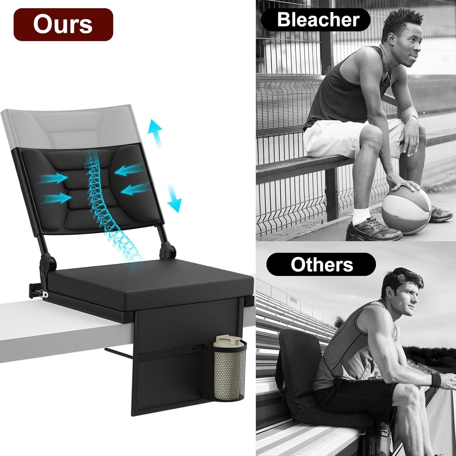 Stadium Seats with Back Support Bleacher Chairs with Back and Cushion, Upgraded Comfy Stadium Chairs for Bleachers with 2 Height Back Support, Foldable Portable Bleacher Seats with Backs and Cushion