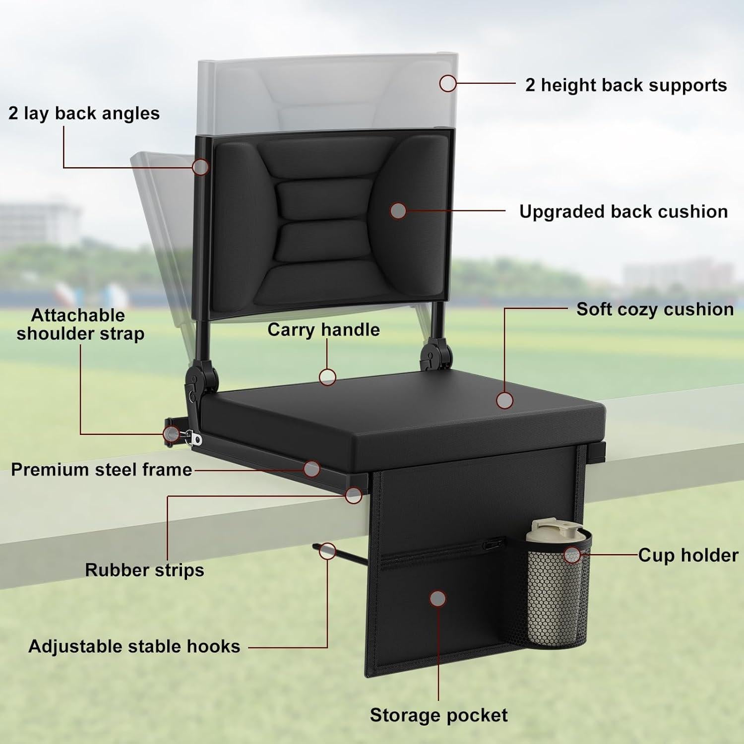 Stadium Seats with Back Support Bleacher Chairs with Back and Cushion, Upgraded Comfy Stadium Chairs for Bleachers with 2 Height Back Support, Foldable Portable Bleacher Seats with Backs and Cushion