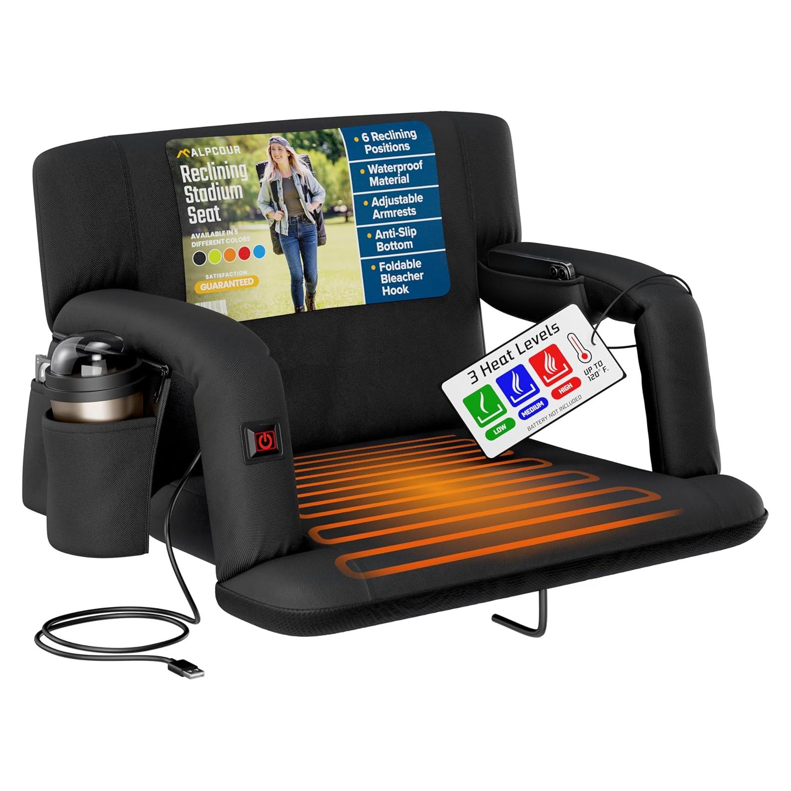 Heated Reclining Stadium Seat for Bleachers – Wide Bleacher Chair with Back Support and Cushion, Armrests, Side Pockets, & Hook – Stadium Seats Chairs for Camping, Kayak, Paddle Board & More