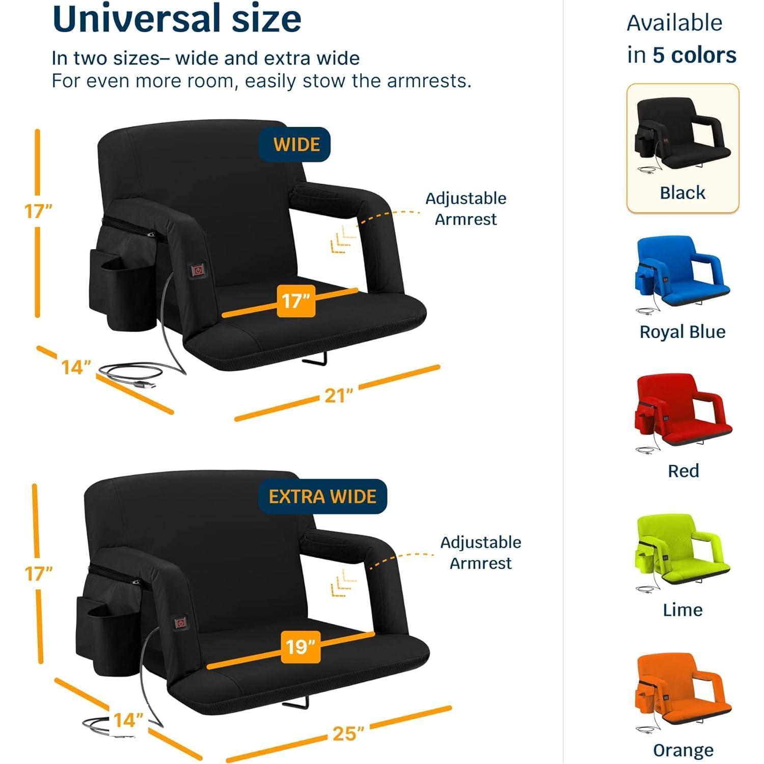 Heated Reclining Stadium Seat for Bleachers – Wide Bleacher Chair with Back Support and Cushion, Armrests, Side Pockets, & Hook – Stadium Seats Chairs for Camping, Kayak, Paddle Board & More