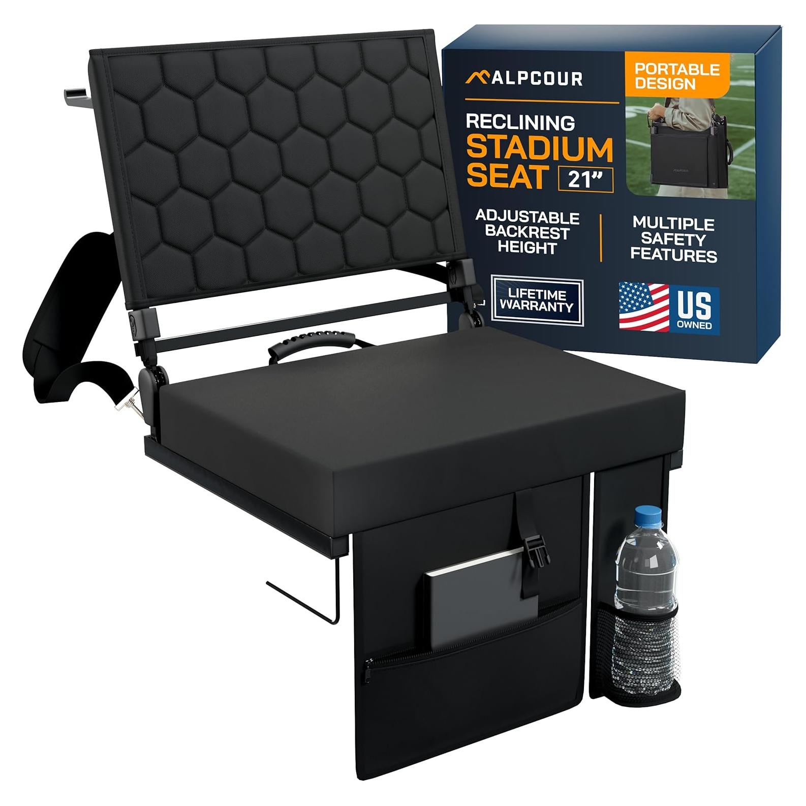 Extra Wide Folding Reclining Stadium Seat with Back Suppot for Bleachers, Bleacher Hooks, Thick Cushion, Cup Holder, Storage Pockets – Portable Chair for Kayak, Canoe, Paddle Board, Concerts, & Sports